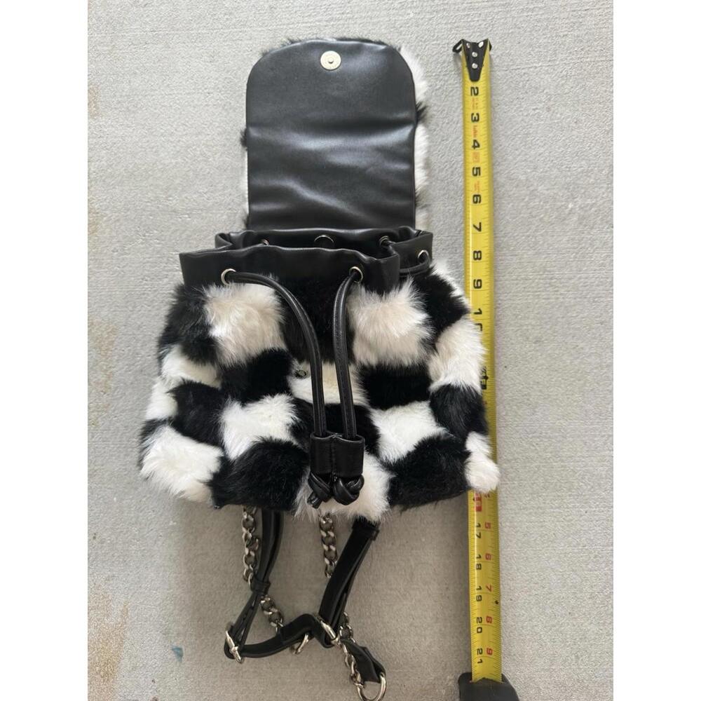 Current Mood Checkerboard Fur Mini Chain Leather Backpack Purse | Rave - Picture 7 of 9